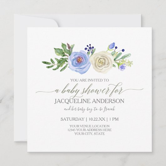 ボーイベビーシャワーブルーnホワイトローゼウッド素朴 招待状 (正面)