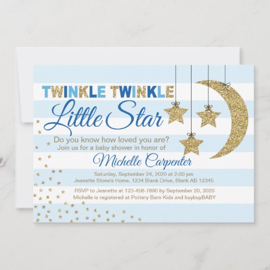 ボーイベビーシャワー招待状キラキラ光る小さな星青 招待状 (正面)