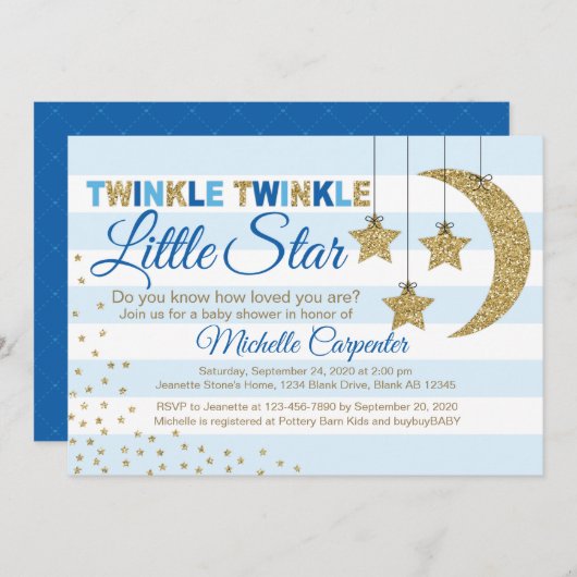 ボーイベビーシャワー招待状キラキラ光る小さな星青 招待状 (正面/裏面)