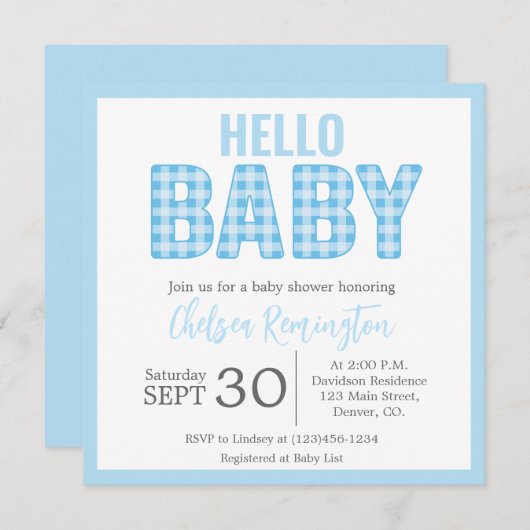 ボーイベビーシャワー招待状 – ブルーギンガム 招待状 (正面/裏面)