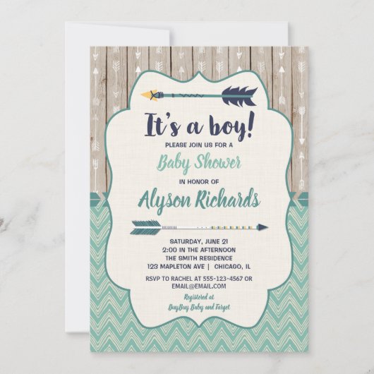 ボーイベビーシャワー招待状、部族矢印ティール（緑がかった色） 招待状 (正面)