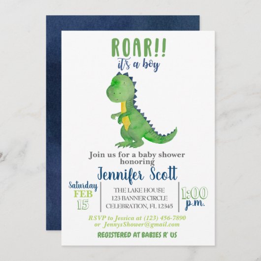 ボーイベビーシャワー水彩恐竜招待状 招待状 (正面/裏面)
