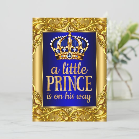 ボーイベビーシャワー王室のプリンスブルー金ゴールド 招待状 (スタンド正面)