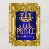 ボーイベビーシャワー王室のプリンスブルー金ゴールド 招待状 (正面/裏面)