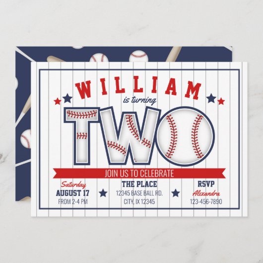 ボーイベースボールセカンド誕生日招待状 招待状 (正面/裏面)