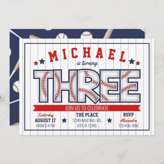 ボーイベースボール3rd誕生日招待状 招待状 (正面/裏面)