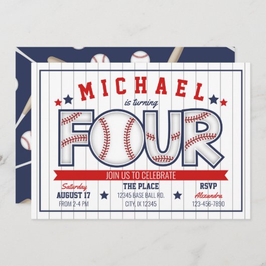 ボーイベースボール4th誕生日招待状 招待状 (正面/裏面)