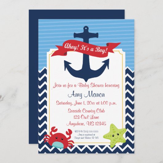 ボーイベ航海のビーシャワーパーソナライズされた招待状 招待状 (正面/裏面)
