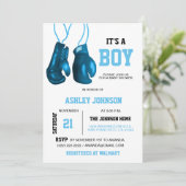 ボーイボクシンググローブブルーベビーシャワー招待状 招待状 (スタンド正面)