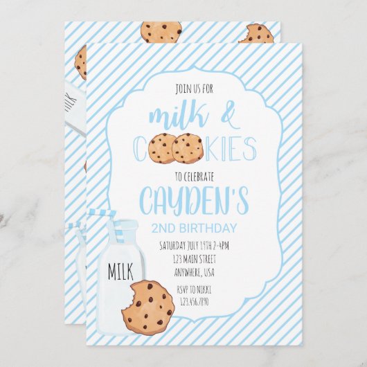 ボーイミルクとクッキーブルー誕生日 招待状 (正面/裏面)