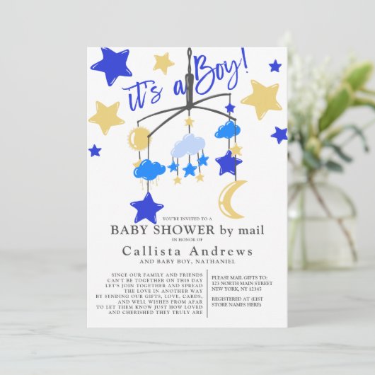 ボーイムーンが携帯のベビーシャワーを郵送で始める 招待状 (スタンド正面)