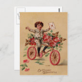ボーイメールピンク花自転車誕生日 ポストカード (正面/裏面)