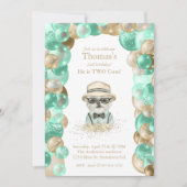 ボーイヨークシャーテリア2かわいいミント金ゴールドバルーン誕生日 招待状 (正面)