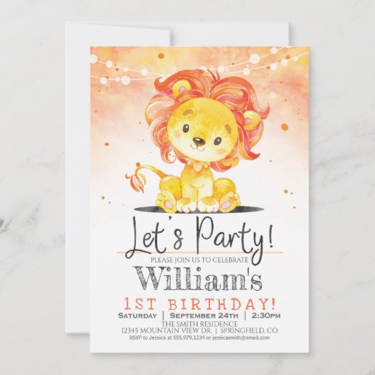 ボーイライオンバースデーパーティーオレンジ招待状 招待状 (正面)