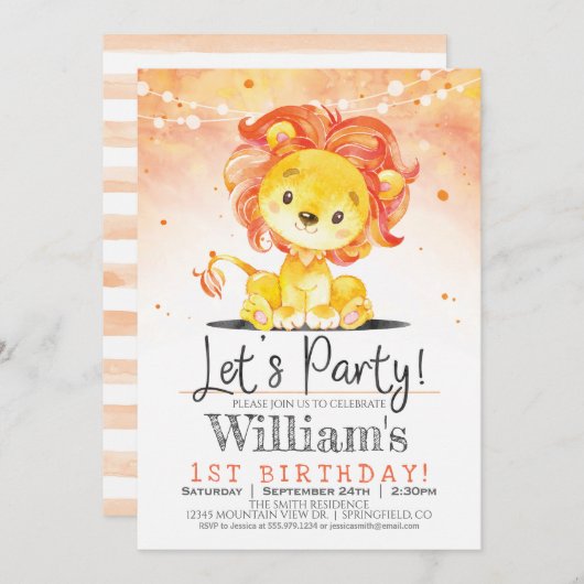 ボーイライオンバースデーパーティーオレンジ招待状 招待状 (正面/裏面)