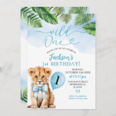 ボーイライオンブルーボウサファリワイルドワン誕生日 招待状 (正面/裏面)