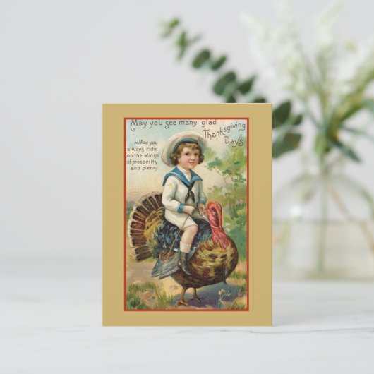 ボーイライディングターキーヴィンテージ感謝祭 ポストカード (スタンド正面)
