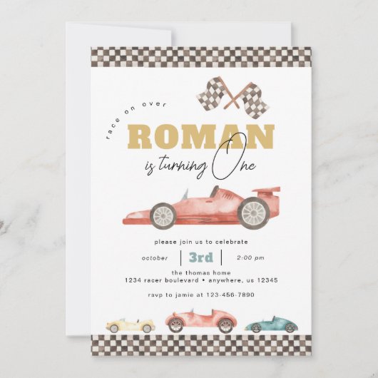 ボーイレトロレースカー誕生日パーティー 招待状 (正面)