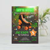 ボーイローラスケートで滑る誕生日招待状ネオン 招待状 (スタンド正面)