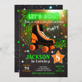 ボーイローラスケートで滑る誕生日招待状ネオン 招待状 (正面/裏面)