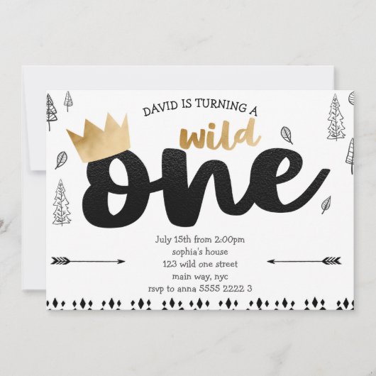 ボーイワイルドワン金ゴールドクラウンキングエスニックファースト誕生日 招待状 (正面)