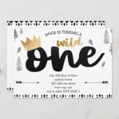 ボーイワイルドワン金ゴールドクラウンキングエスニックファースト誕生日 招待状 (正面/裏面)