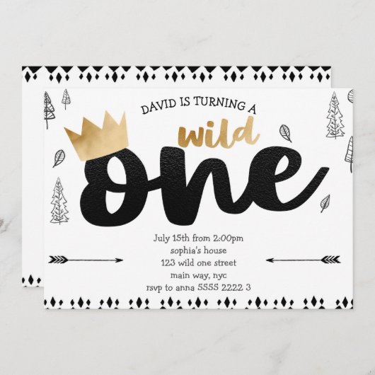 ボーイワイルドワン金ゴールドクラウンキングエスニックファースト誕生日 招待状 (正面/裏面)