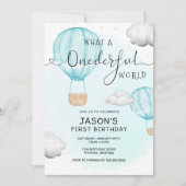 ボーイワンダーフルワールドホットエアバルーンファースト誕生日 招待状 (正面)