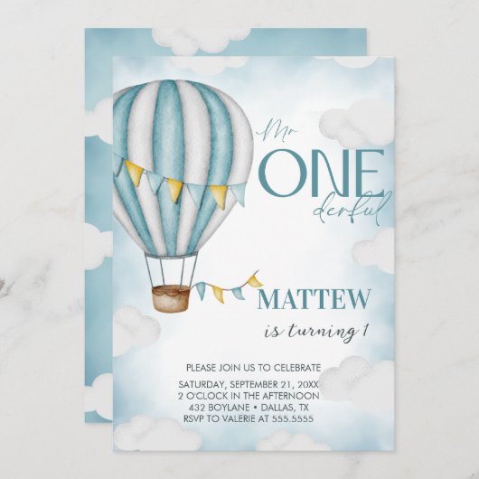 ボーイワンダーフル熱気球ファースト誕生日 招待状 (正面/裏面)