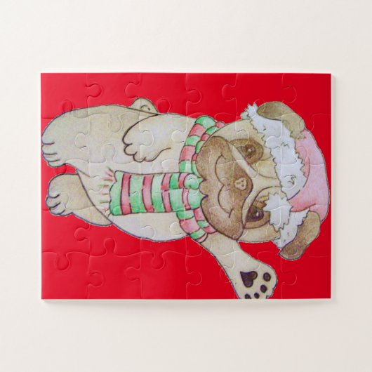 ボーイングと手を振るパグのクリスマス写真 ジグソーパズル (横)