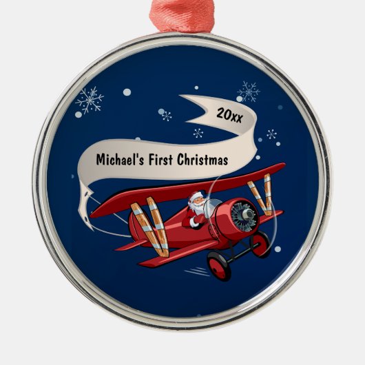 ボーイ初めてのクリスマスサンタパーソナライズされた飛行機 メタルオーナメント (正面)