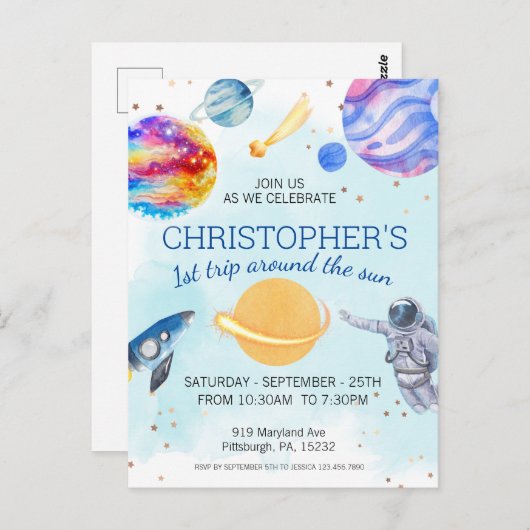 ボーイ宇宙飛行士宇宙誕生日パーティー ポストカード (正面/裏面)