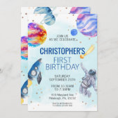 ボーイ宇宙飛行士宇宙誕生日パーティー 招待状 (正面/裏面)