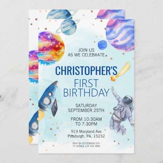 ボーイ宇宙飛行士宇宙誕生日パーティー 招待状 (正面/裏面)