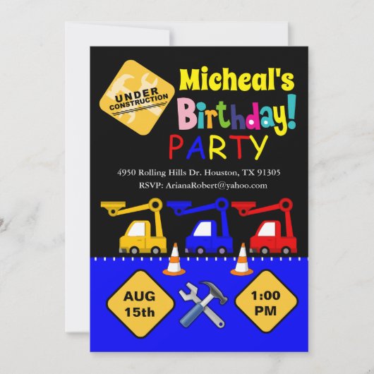 ボーイ建築トラック誕生日招待状 招待状 (正面)