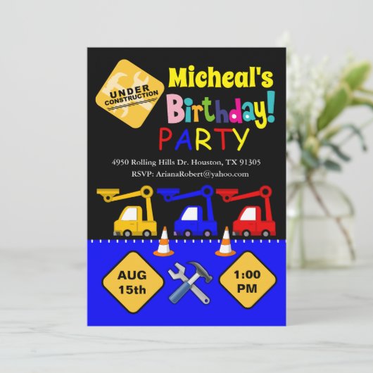ボーイ建築トラック誕生日招待状 招待状 (スタンド正面)