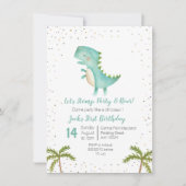 ボーイ恐竜誕生日金ゴールドミントブルー招待状 招待状 (正面)