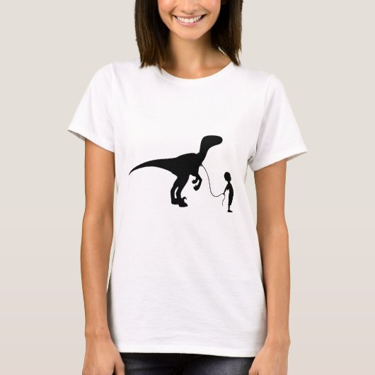 ボーイ歩くハイペットベロコラプターディナソおもしろいア Tシャツ (正面)
