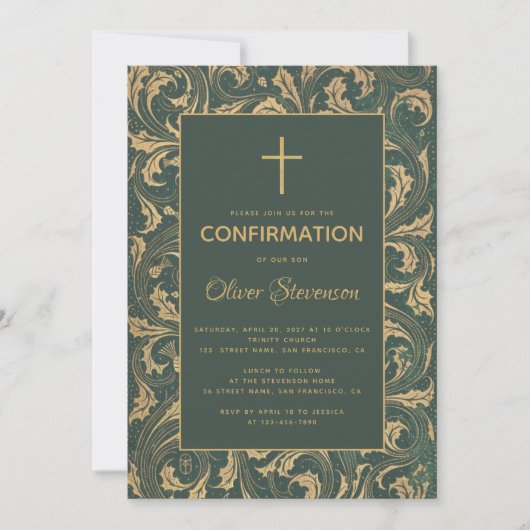 ボーイ確認金ゴールドクロスグリーンヴィンテージシスル 招待状 (正面)