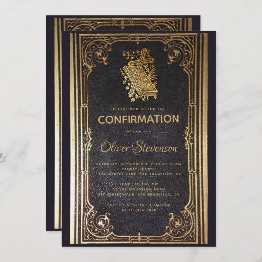 ボーイ確認金ゴールドクロス&ブックエレガントヴィンテージ 招待状 (正面/裏面)