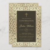 ボーイ確認黒金ゴールドエレガントヴィンテージフローラ 招待状 (正面/裏面)