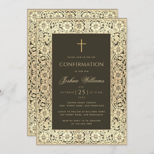 ボーイ確認黒金ゴールドエレガントヴィンテージフローラ 招待状 (正面/裏面)