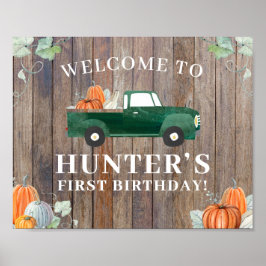 ボーイ秋誕生日グリーントラック&パンプキンスウェルカム ポスター