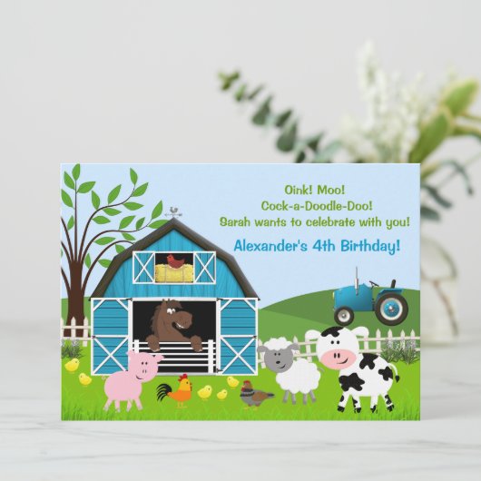 ボーイ納屋周囲の庭ファームアニマルズ誕生日招待状 招待状 (スタンド正面)