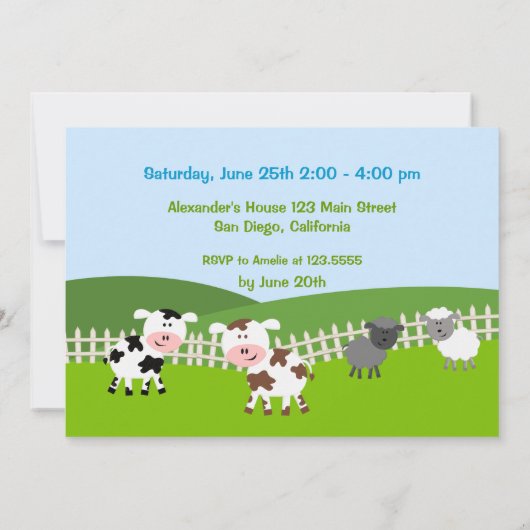 ボーイ納屋周囲の庭ファームアニマルズ誕生日招待状 招待状 (裏面)