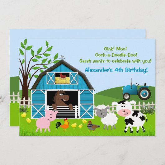 ボーイ納屋周囲の庭ファームアニマルズ誕生日招待状 招待状 (正面/裏面)