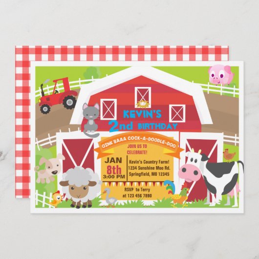 ボーイ納屋周囲の庭招待 – ファーム誕生日招待 招待状 (正面/裏面)