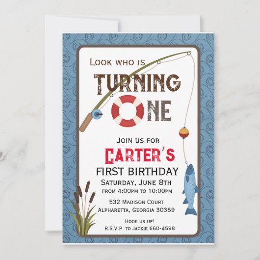 ボーイ素朴魚釣りファースト誕生日招待状 招待状 (正面)