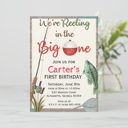 ボーイ素朴魚釣りファースト誕生日招待状 招待状 (スタンド正面)