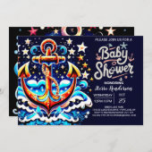 ボーイ航海のズブルーいかりベビーシャワー 招待状 (正面/裏面)